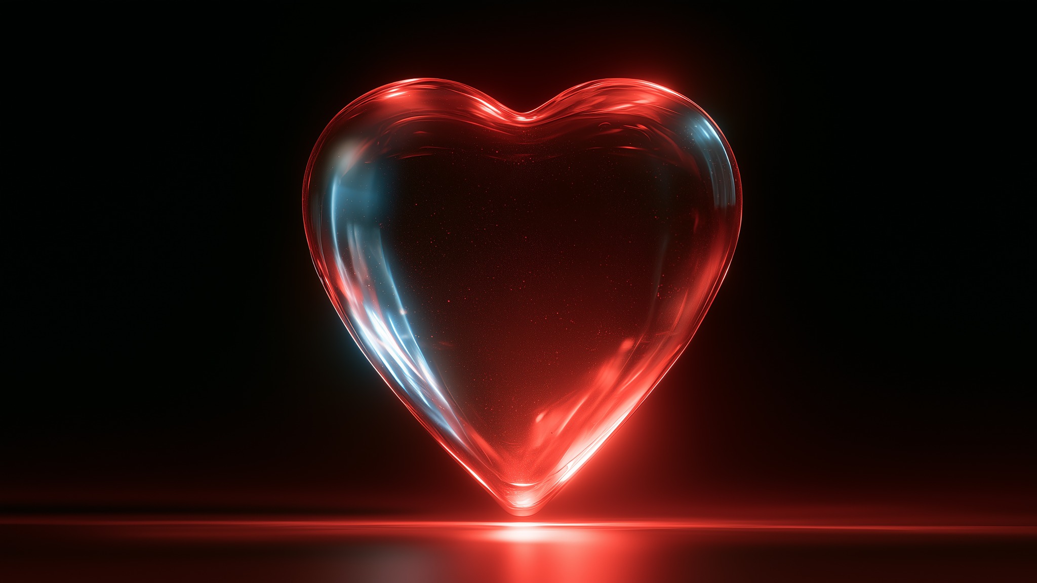 A luminous red glass heart floating in darkness